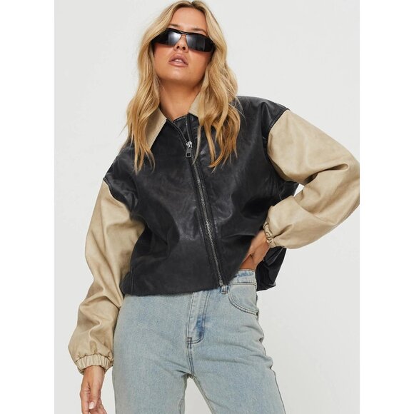 LIONESS Nirvana Bomber in Camel XX-Small New Womens Vegan Faux Leather Jacket - Picture 16 of 17